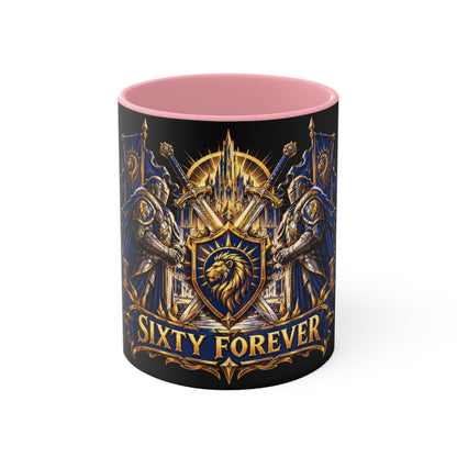 Sixty Forever Accent Mug — Medieval Crest Lion Shield Birthday Coffee Cup