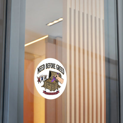 Need Before Greed Round Vinyl Sticker — Funny RPG / Dungeons & Dragons Loot Rule Sticker