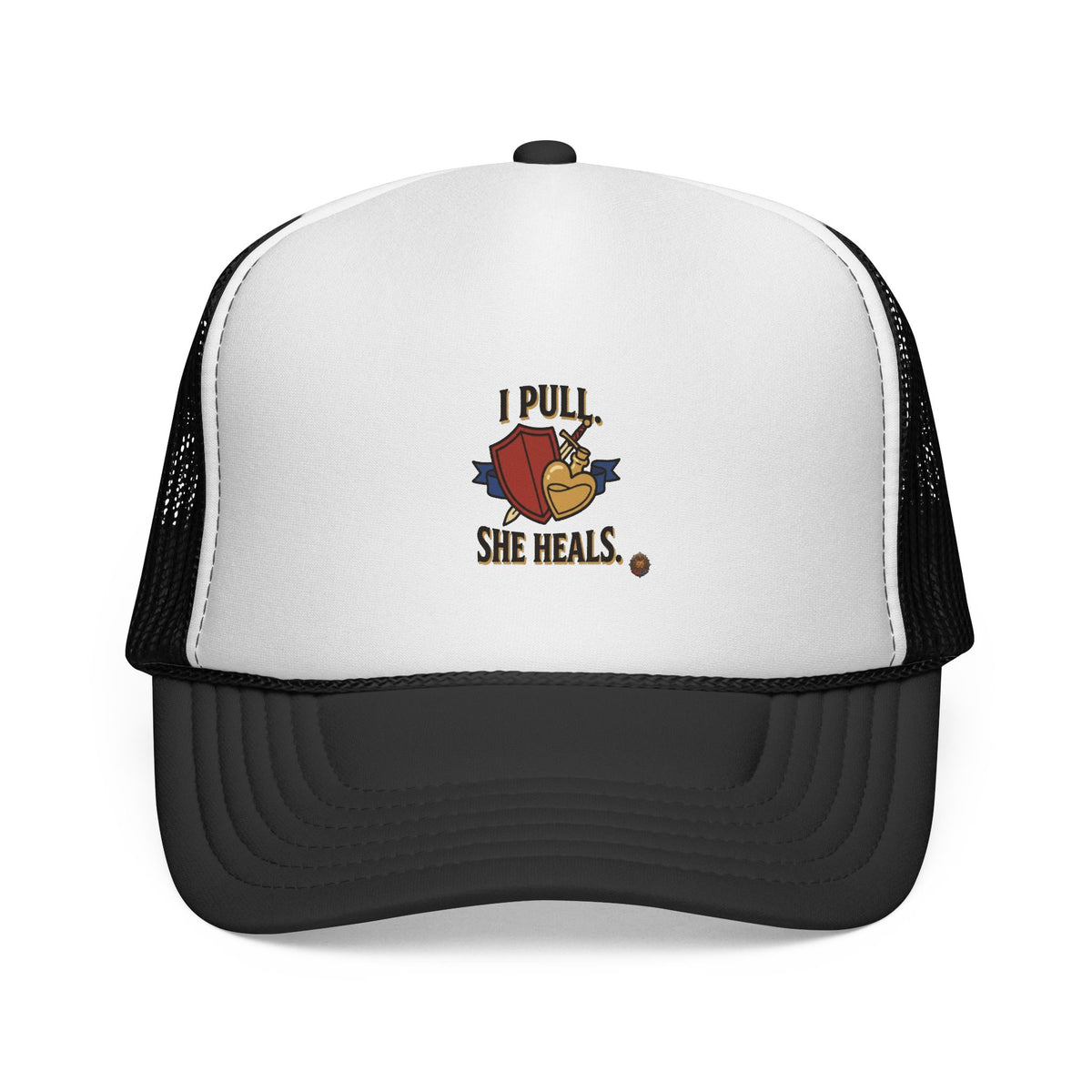 Trucker Hat — "I Pull, She Heals" Weightlifting Barbell Design