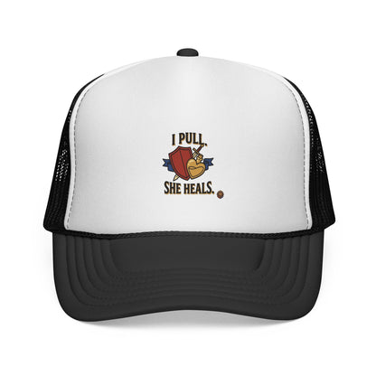 Trucker Hat — "I Pull, She Heals" Weightlifting Barbell Design