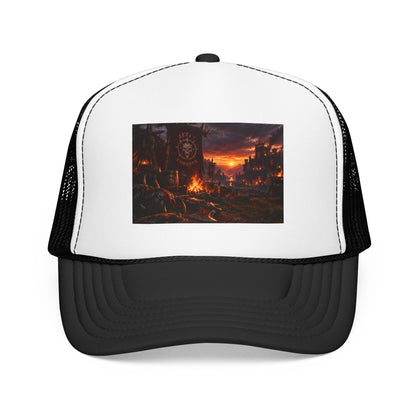 Post-Apocalyptic Campfire Foam Trucker Hat – Dark Dystopian Landscape