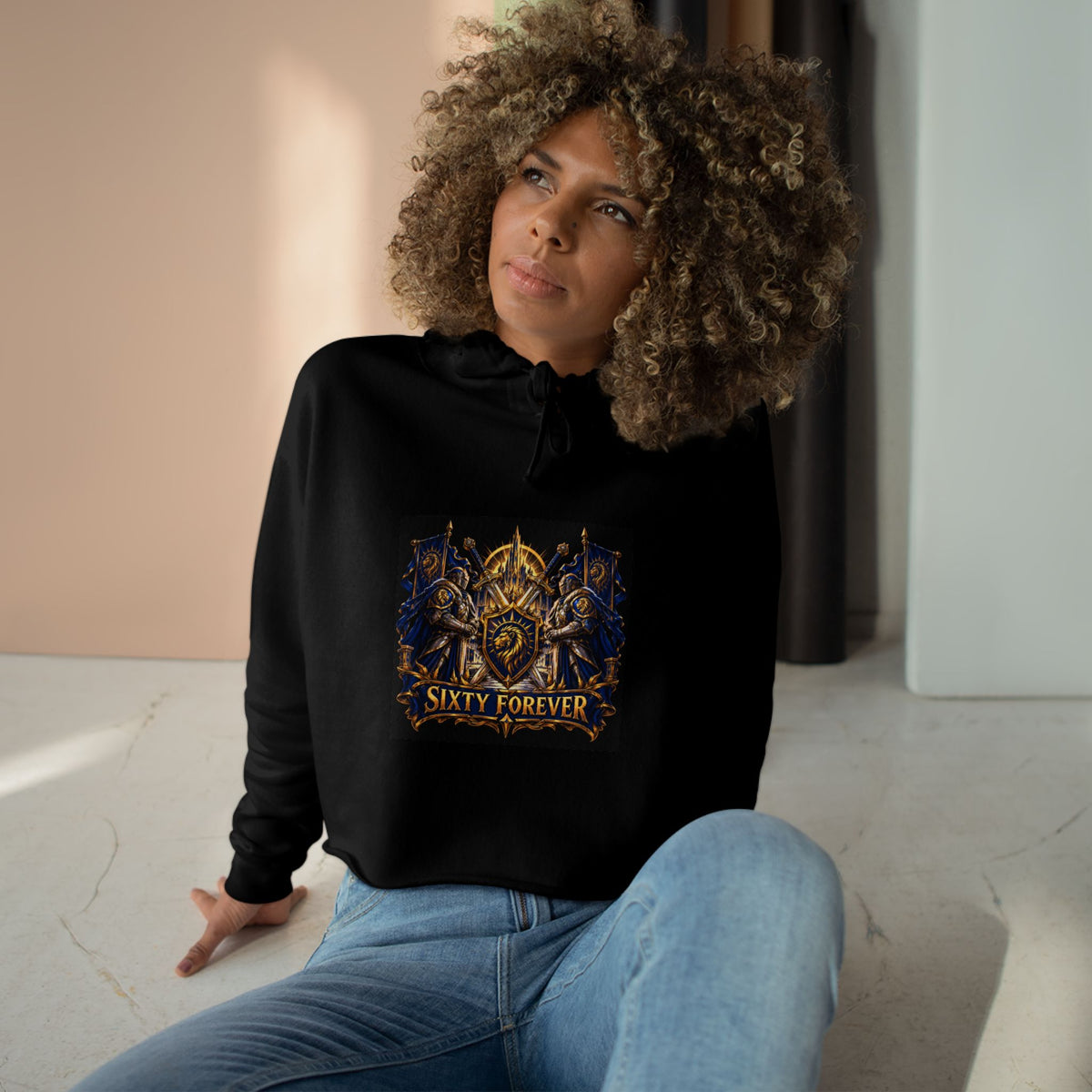 Sixty Forever Cropped Hoodie — Vintage Gothic Crest Graphic