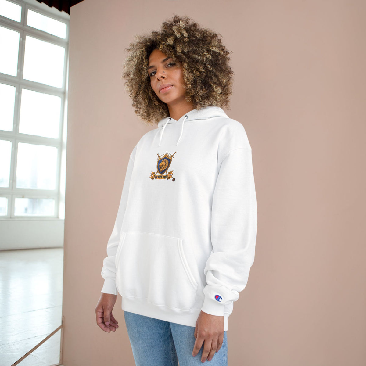 Champion Hoodie — Small Gold Crest Logo Athletic Pullover