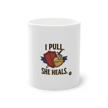 I Pull, She Heals RPG Mug — Healer & Tank Gaming Coffee Cup, Funny DnD MMO Gift