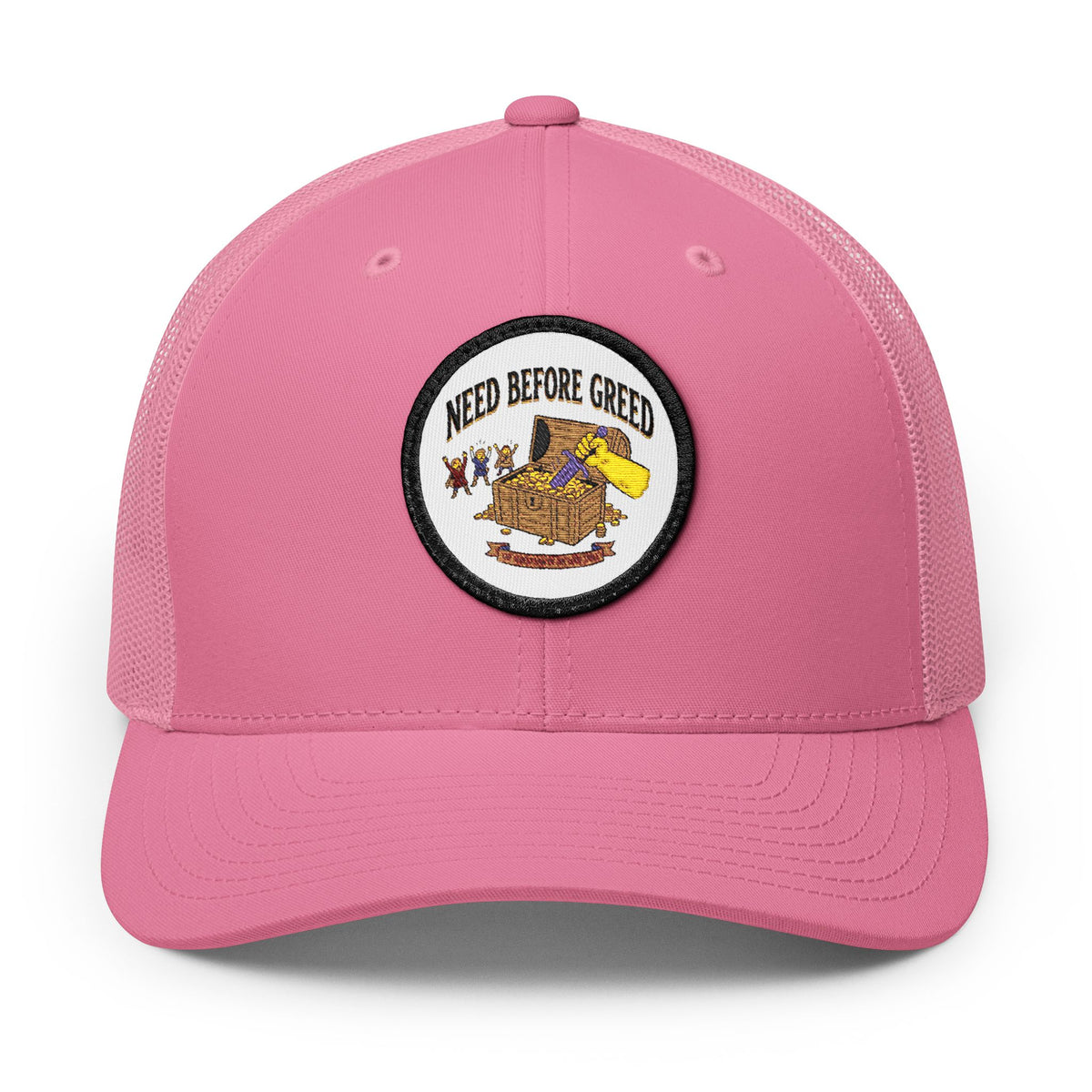 Embroidered Trucker Cap — 'Need Before Greed' Patch