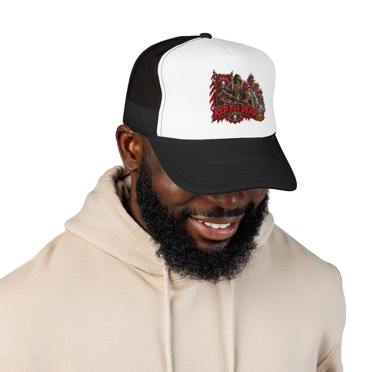 Red Till Dead Trucker Hat — Graphic Foam Mesh Cap for Bikers & Metal Fans