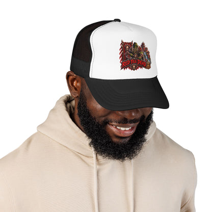 Red Till Dead Trucker Hat — Graphic Foam Mesh Cap for Bikers & Metal Fans