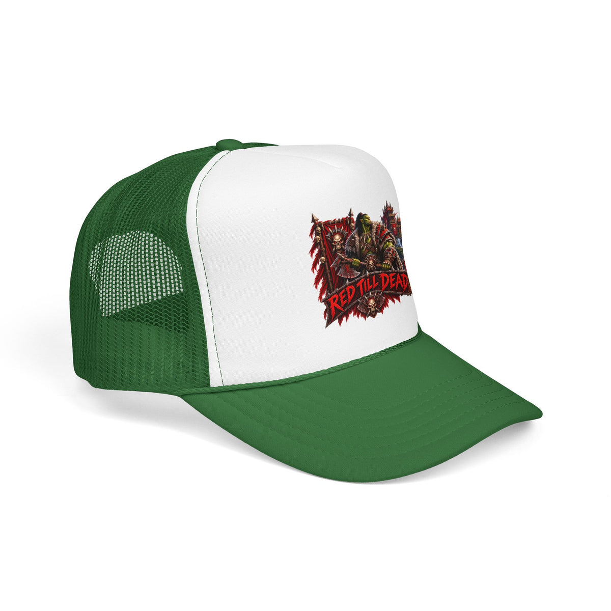 Red Till Dead Trucker Hat — Graphic Foam Mesh Cap for Bikers & Metal Fans