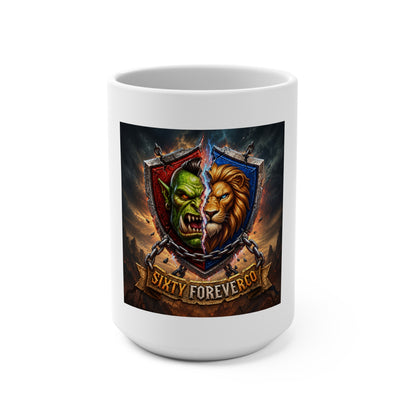 Warrior Crest Mug — Lion & Orc Split Shield "Sixty Forever Co" 15oz