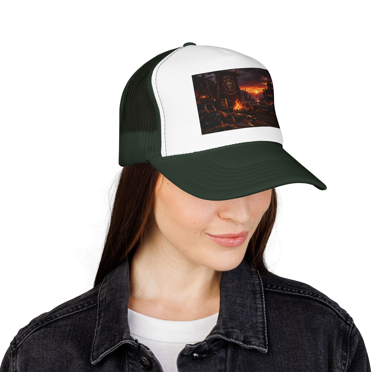 Post-Apocalyptic Campfire Foam Trucker Hat – Dark Dystopian Landscape