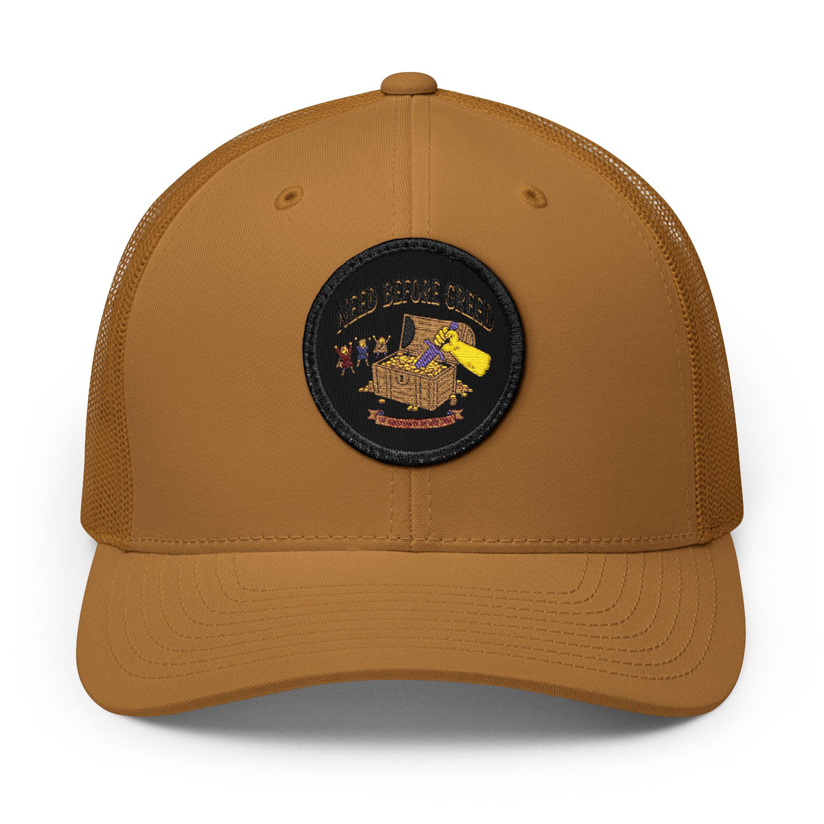 Embroidered Trucker Cap — 'Need Before Greed' Patch
