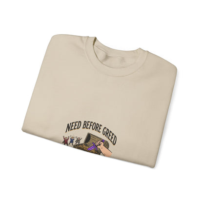Crewneck Sweatshirt — "Need Before Greed" Chest Graphic (Sustainable Giving Vibe)