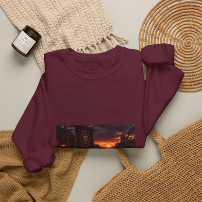 Apocalyptic Cityscape Crewneck Sweatshirt — Dystopian Sunset Graphic