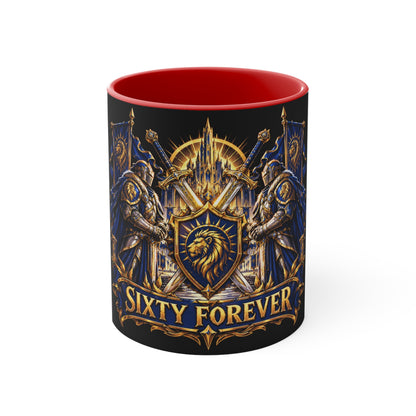 Sixty Forever Accent Mug — Medieval Crest Lion Shield Birthday Coffee Cup