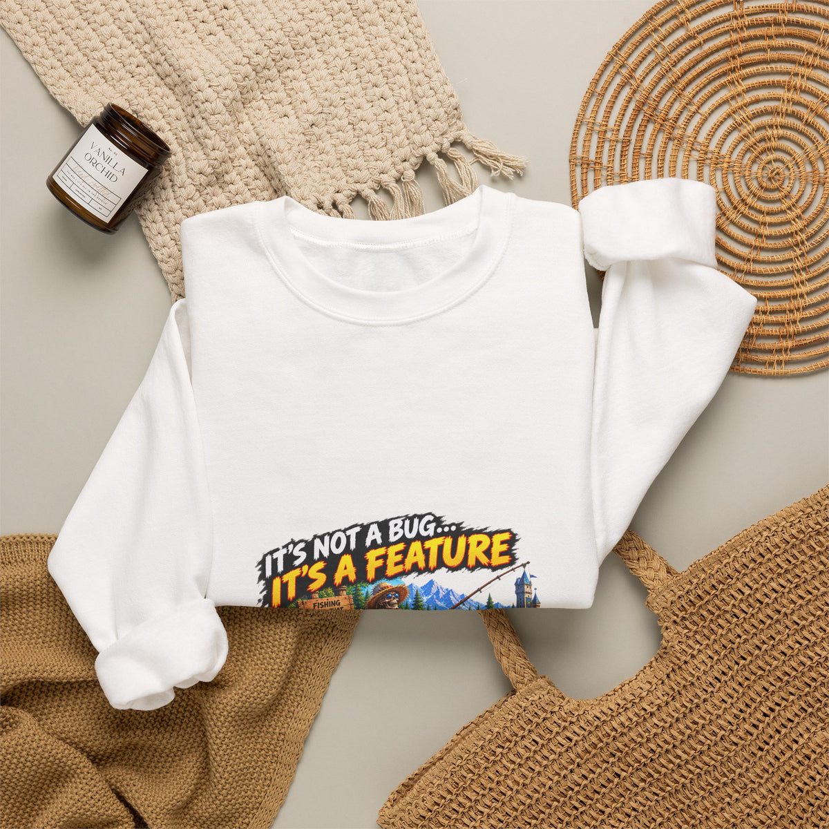 Crewneck Sweatshirt - “It’s Not a Bug, It’s a Feature” Retro Cabin Gamer Design