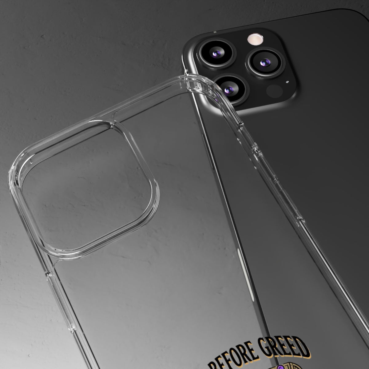 Clear Phone Case — "Need Before Greed" Treasure Chest Design