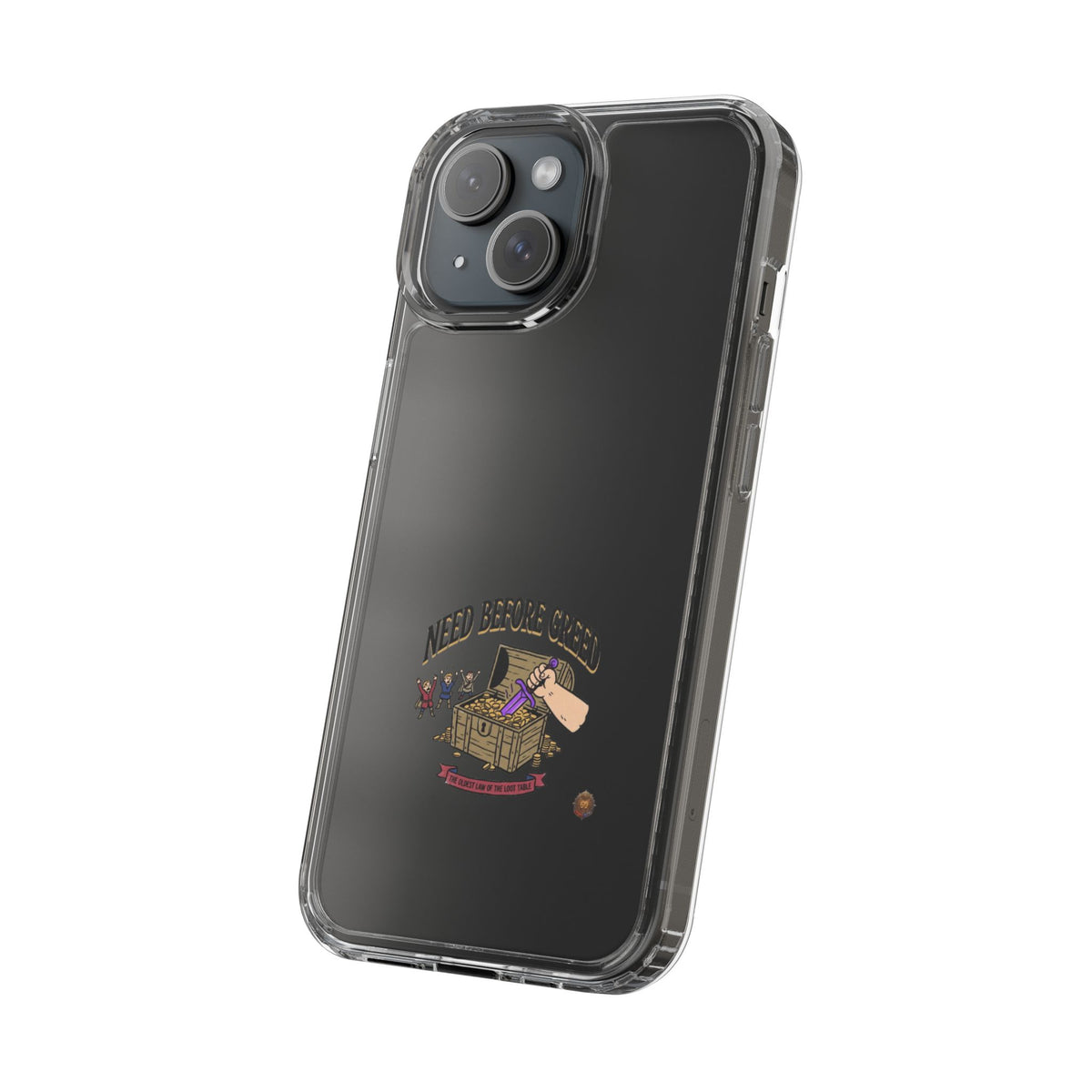 Clear Phone Case — "Need Before Greed" Treasure Chest Design