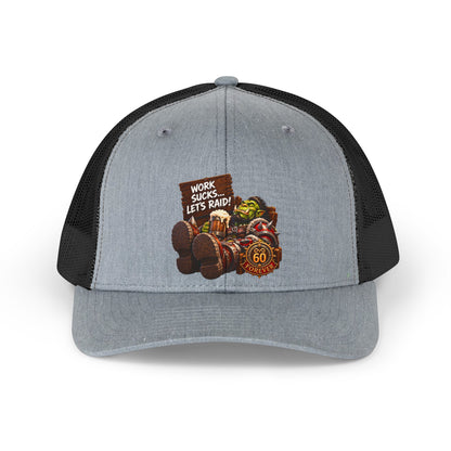 Retro Trucker Hat — "Work Sucks, Let's Raid!" Vintage Gamer Road Trip Cap
