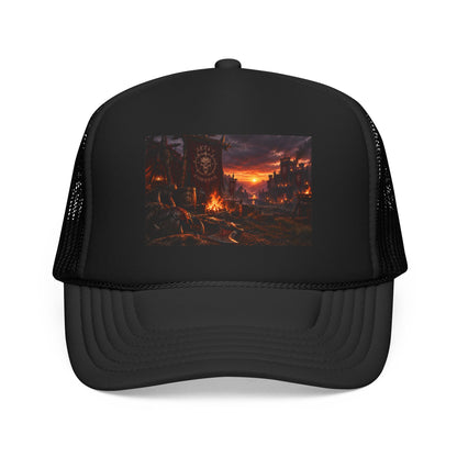 Post-Apocalyptic Campfire Foam Trucker Hat – Dark Dystopian Landscape