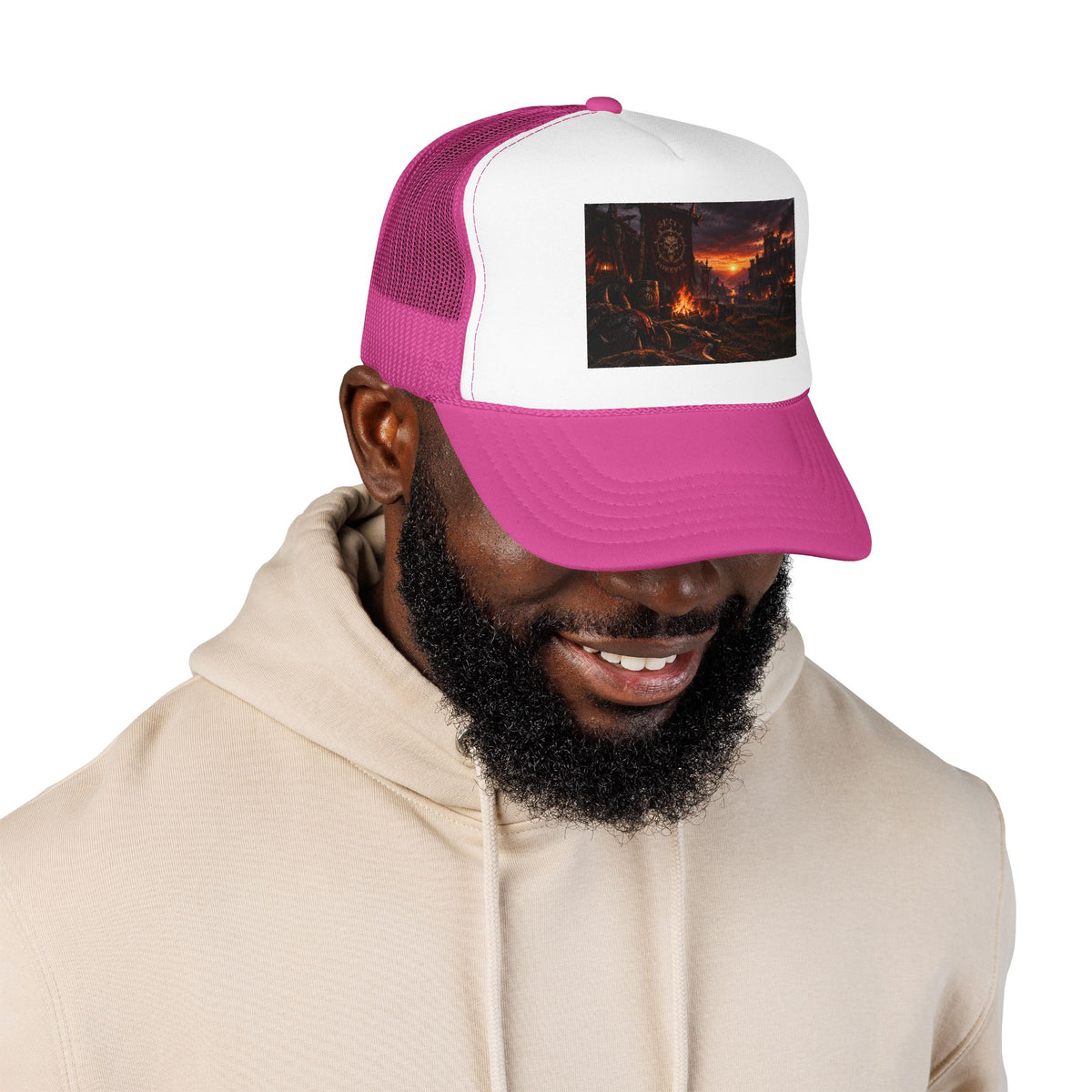 Post-Apocalyptic Campfire Foam Trucker Hat – Dark Dystopian Landscape