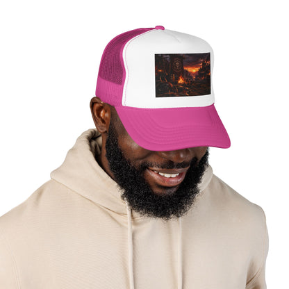 Post-Apocalyptic Campfire Foam Trucker Hat – Dark Dystopian Landscape