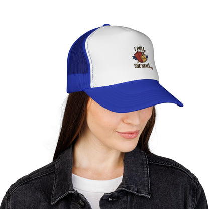 Trucker Hat — "I Pull, She Heals" Weightlifting Barbell Design