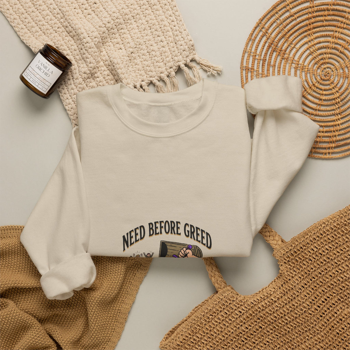 Crewneck Sweatshirt — "Need Before Greed" Chest Graphic (Sustainable Giving Vibe)