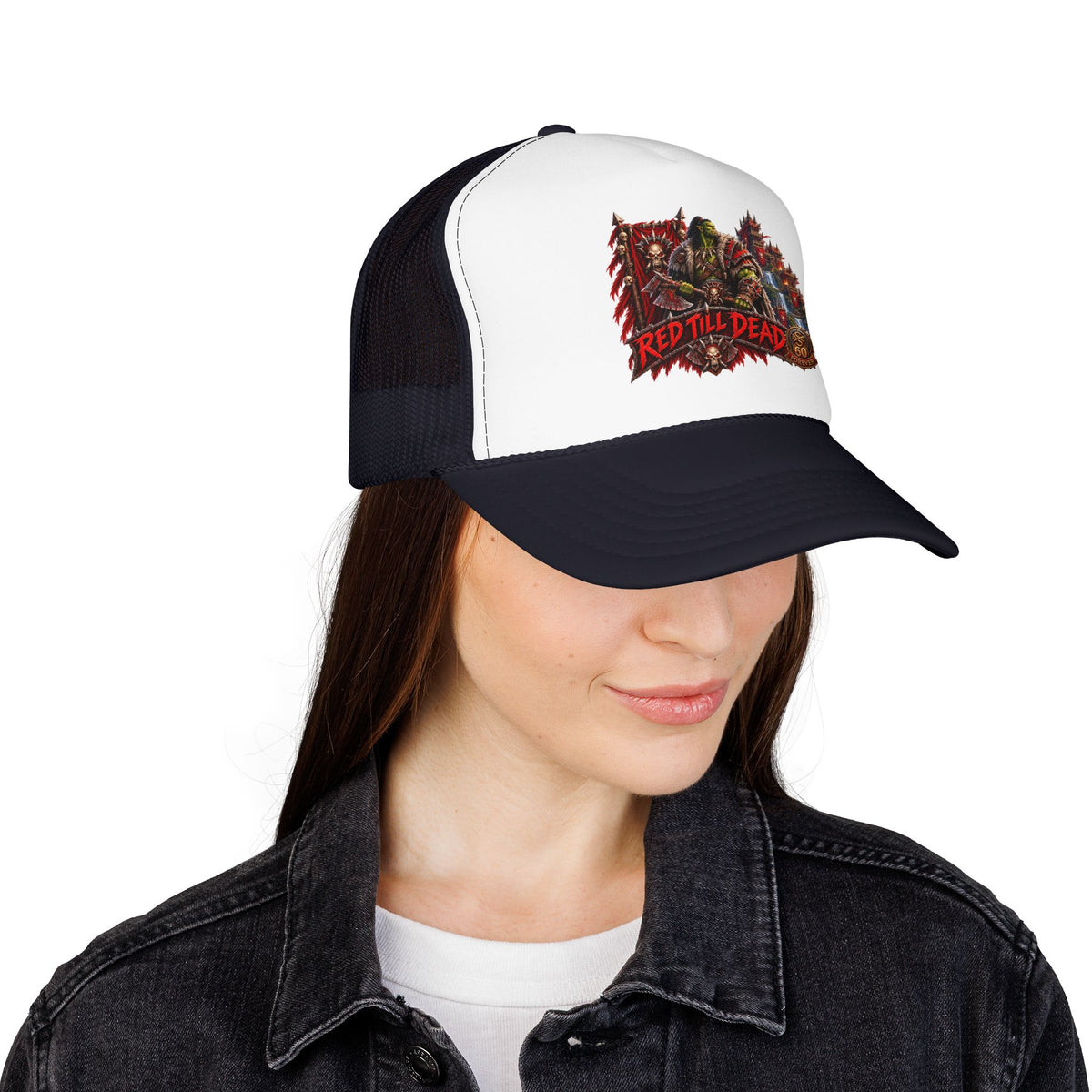 Red Till Dead Trucker Hat — Graphic Foam Mesh Cap for Bikers & Metal Fans
