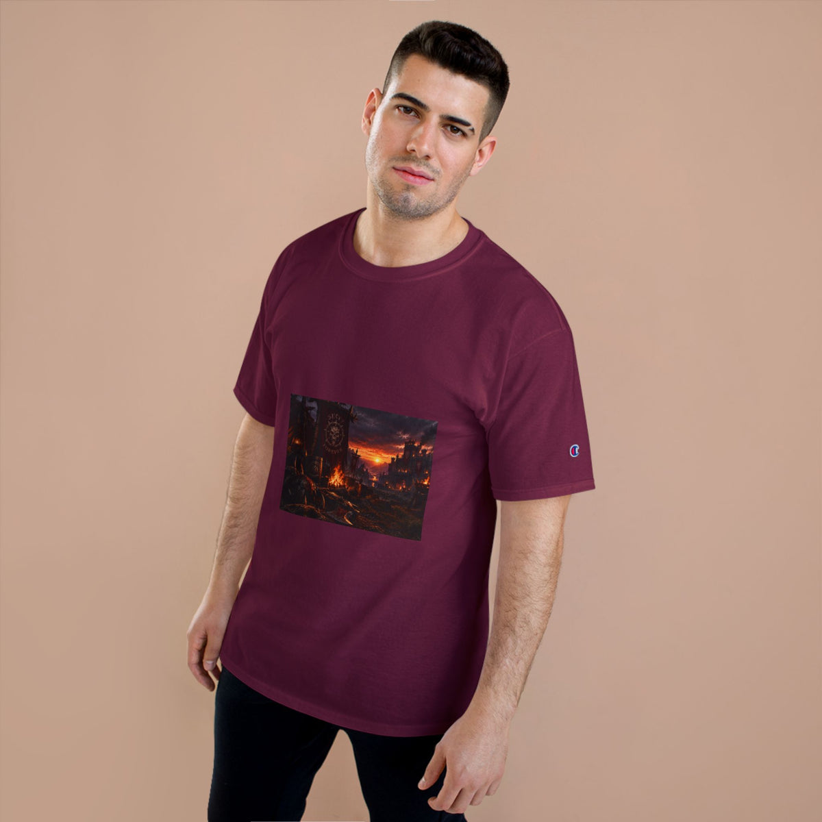 Champion T-Shirt — Dark Fantasy Volcano Landscape Graphic Tee