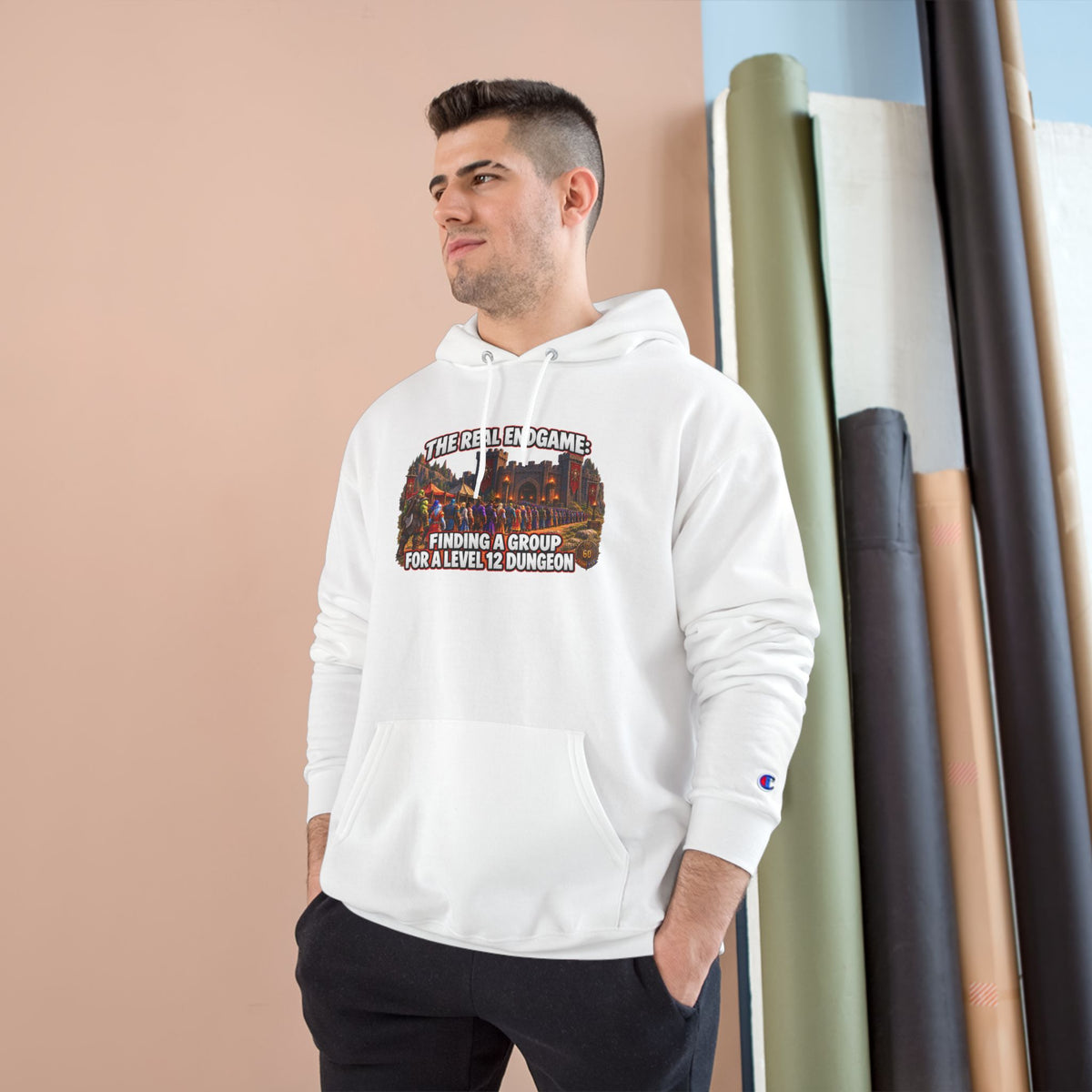 Champion Hoodie — "The Real Endgame: Finding a Group for a Level 1-2 Dungeon" Gaming Hoodie