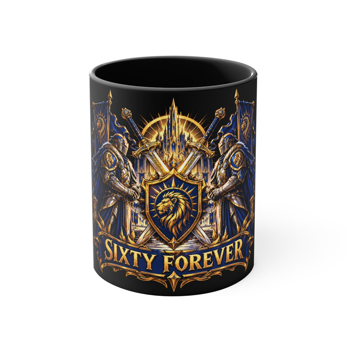 Sixty Forever Accent Mug — Medieval Crest Lion Shield Birthday Coffee Cup