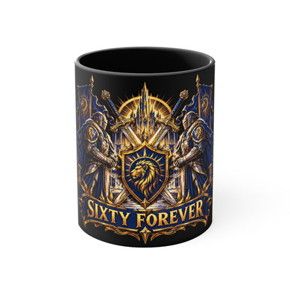Sixty Forever Accent Mug — Medieval Crest Lion Shield Birthday Coffee Cup