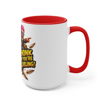 Gaming Mug — "Honk If You're Leveling" Funny Gamer Coffee Cup (Color Accent)