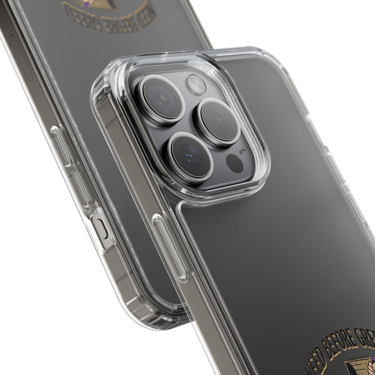 Clear Phone Case — "Need Before Greed" Treasure Chest Design