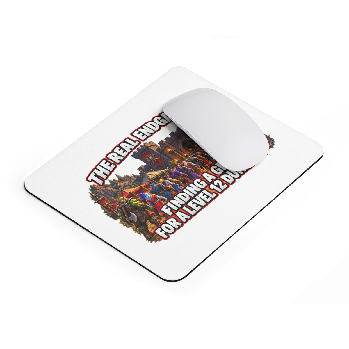 Mouse Pad — "The Real Endgame: Finding a Group for a Level 12 Dungeon" Gaming Desk Mat