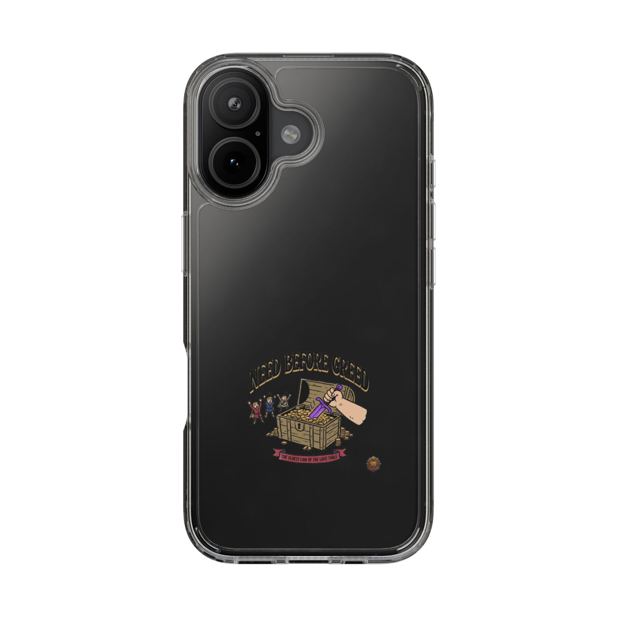Clear Phone Case — "Need Before Greed" Treasure Chest Design
