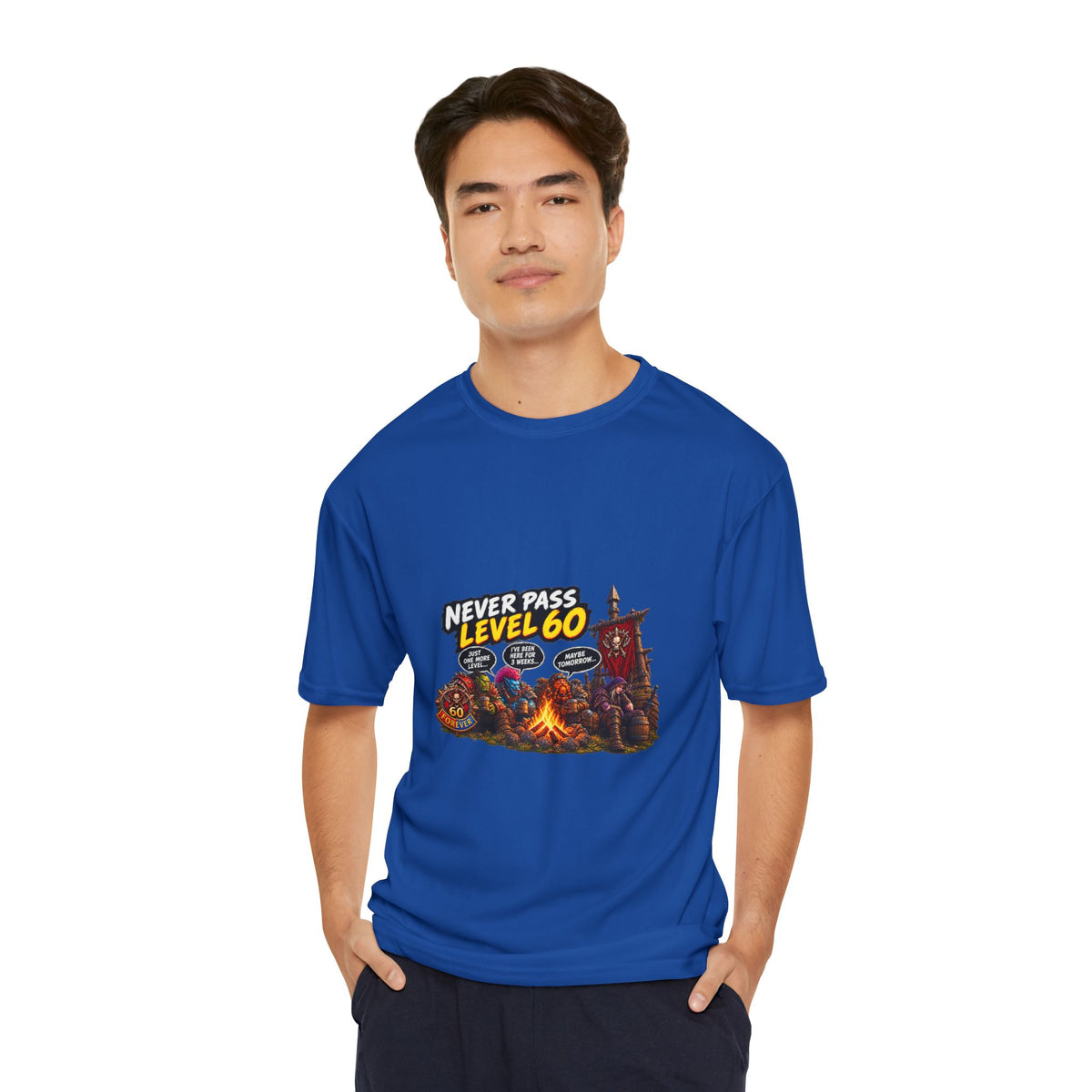 Never Pass Level 60 Gaming T-Shirt — Retro RPG Campfire Design