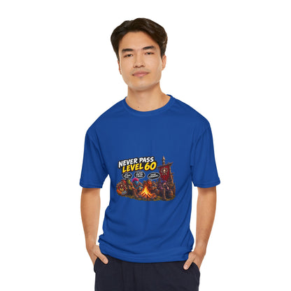 Never Pass Level 60 Gaming T-Shirt — Retro RPG Campfire Design