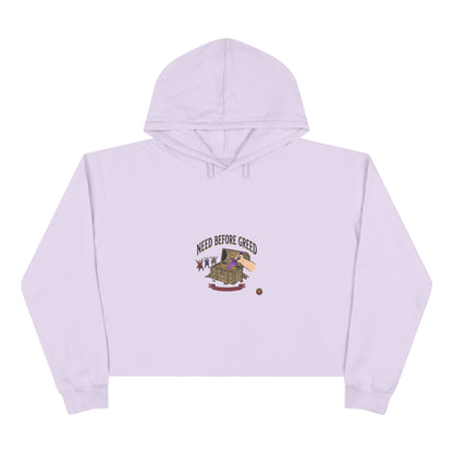 Crop Hoodie — "Need Before Greed" Cozy Graphic Crop Hoodie