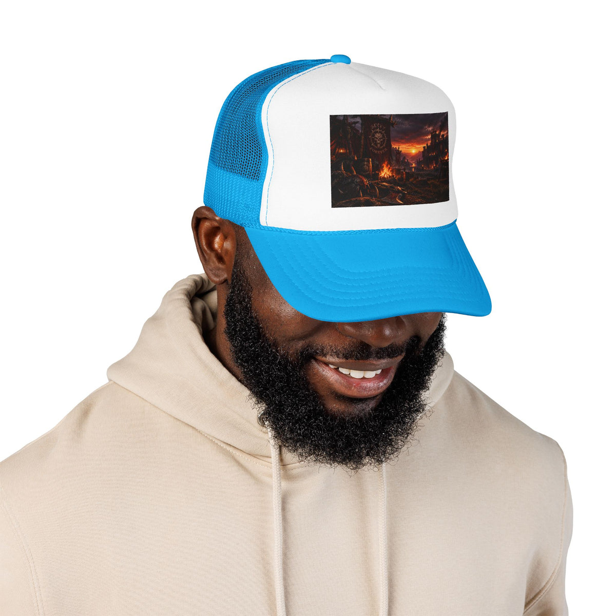 Post-Apocalyptic Campfire Foam Trucker Hat – Dark Dystopian Landscape
