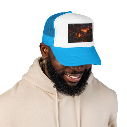 Post-Apocalyptic Campfire Foam Trucker Hat – Dark Dystopian Landscape