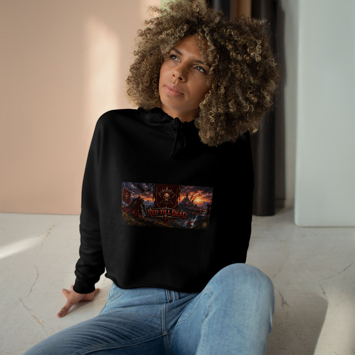 Cropped Hoodie — Dark Fantasy Graphic Crop Hoodie with Epic Battle Scene