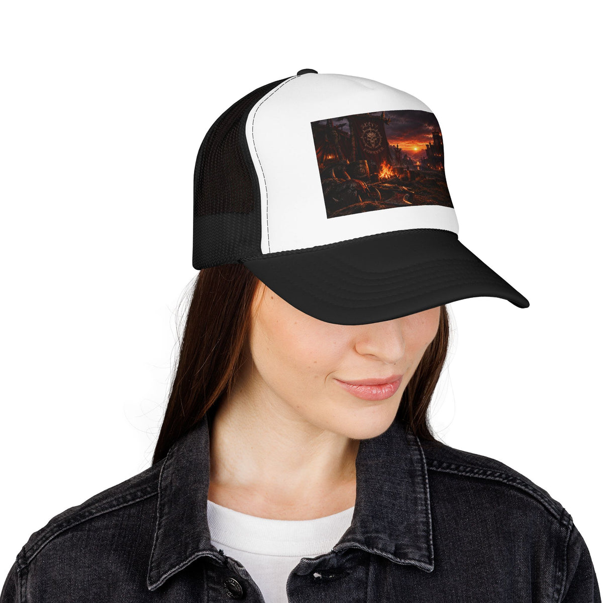 Post-Apocalyptic Campfire Foam Trucker Hat – Dark Dystopian Landscape
