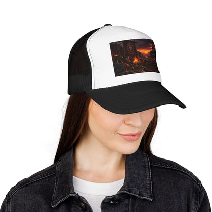 Post-Apocalyptic Campfire Foam Trucker Hat – Dark Dystopian Landscape