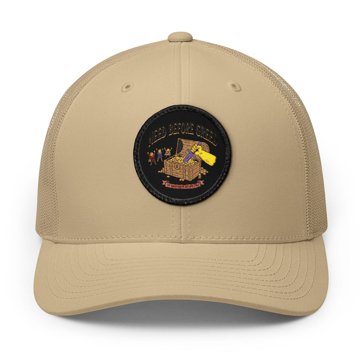 Embroidered Trucker Cap — 'Need Before Greed' Patch
