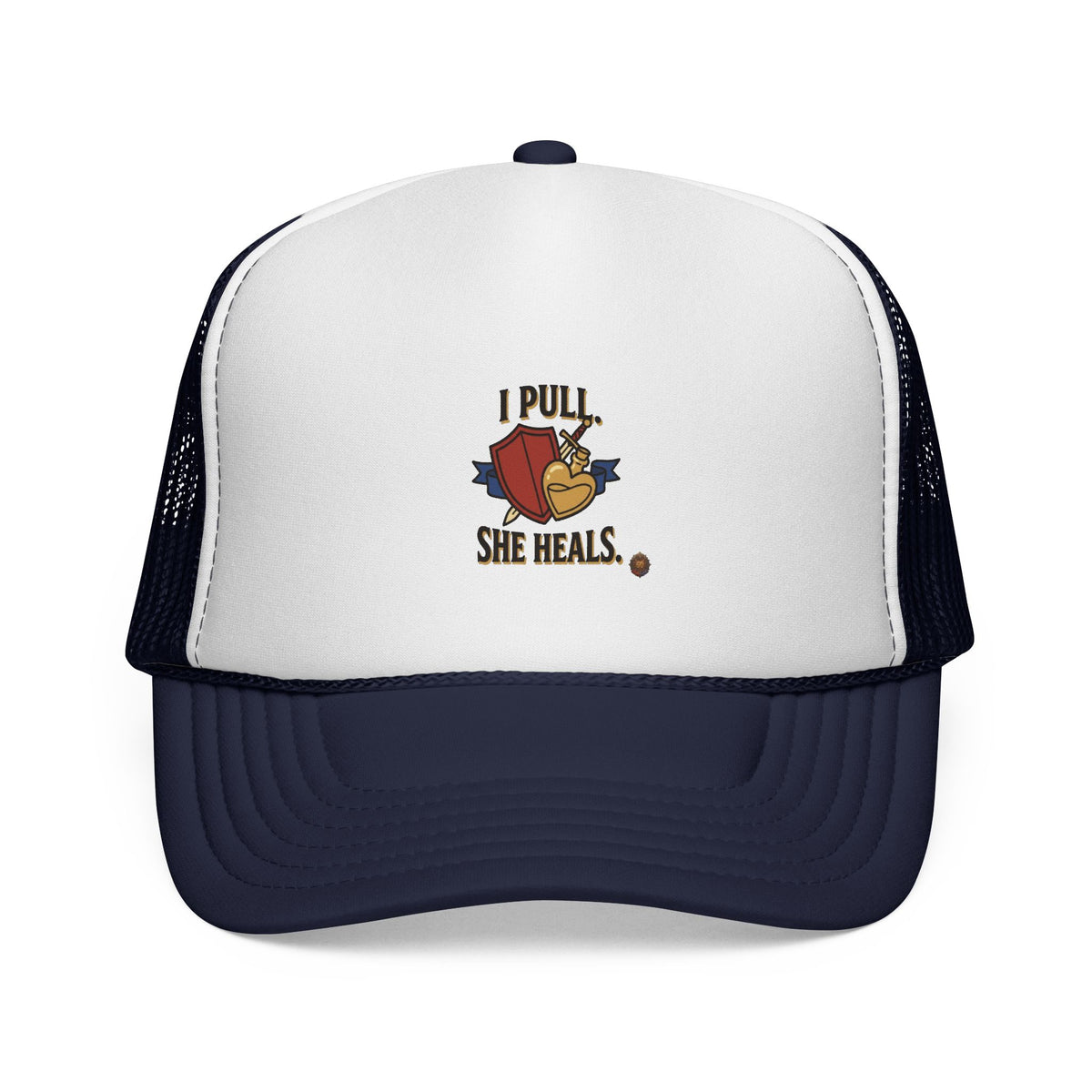 Trucker Hat — "I Pull, She Heals" Weightlifting Barbell Design