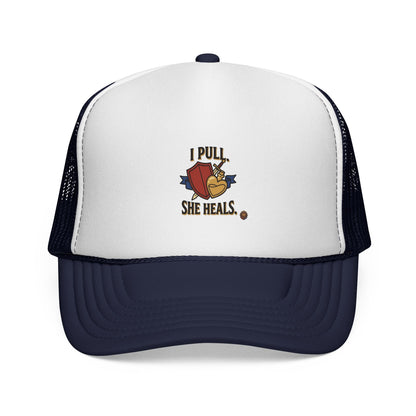 Trucker Hat — "I Pull, She Heals" Weightlifting Barbell Design