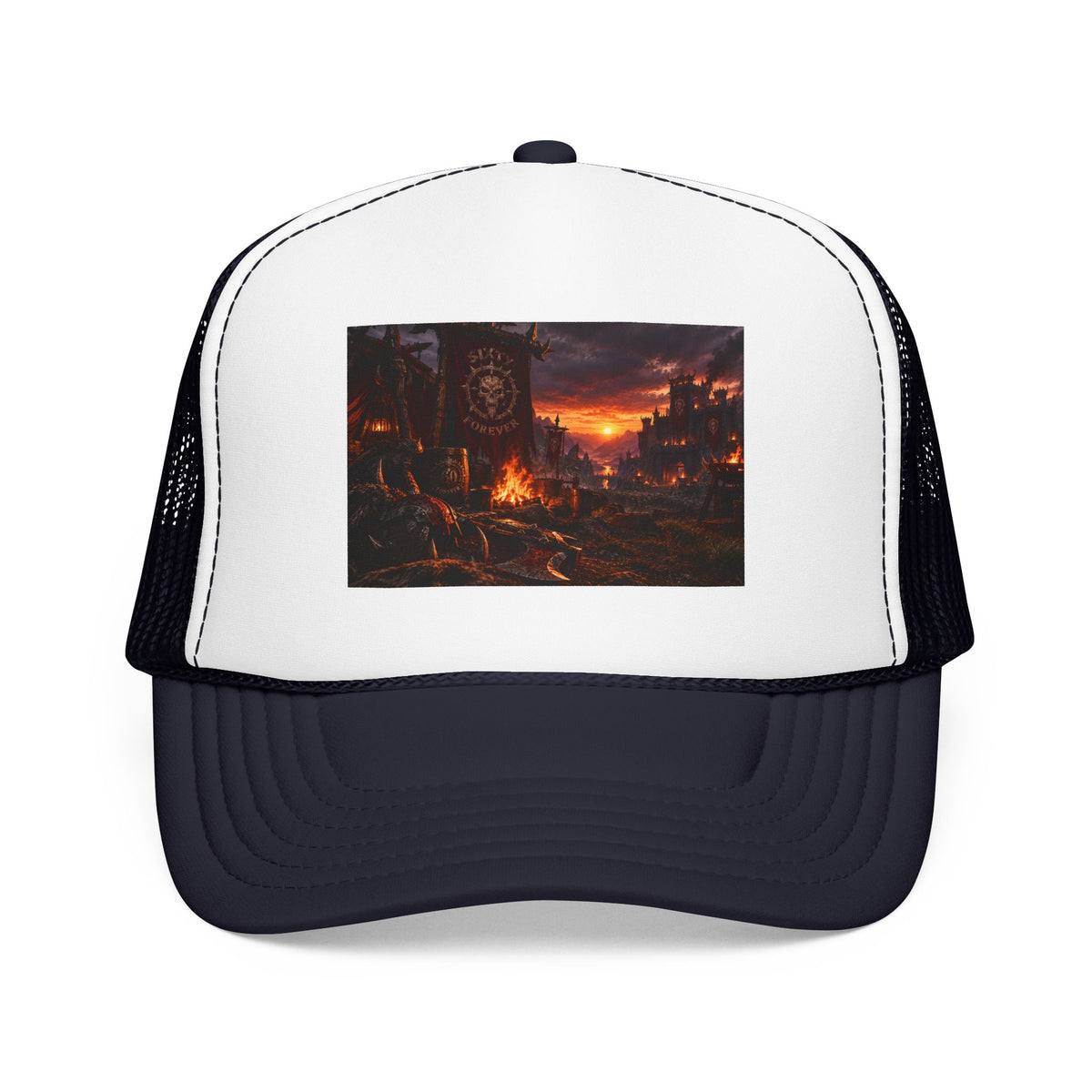 Post-Apocalyptic Campfire Foam Trucker Hat – Dark Dystopian Landscape