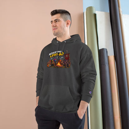 Champion Hoodie - 'Never Pass Level 60' Gamer Campfire Graphic Hoodie