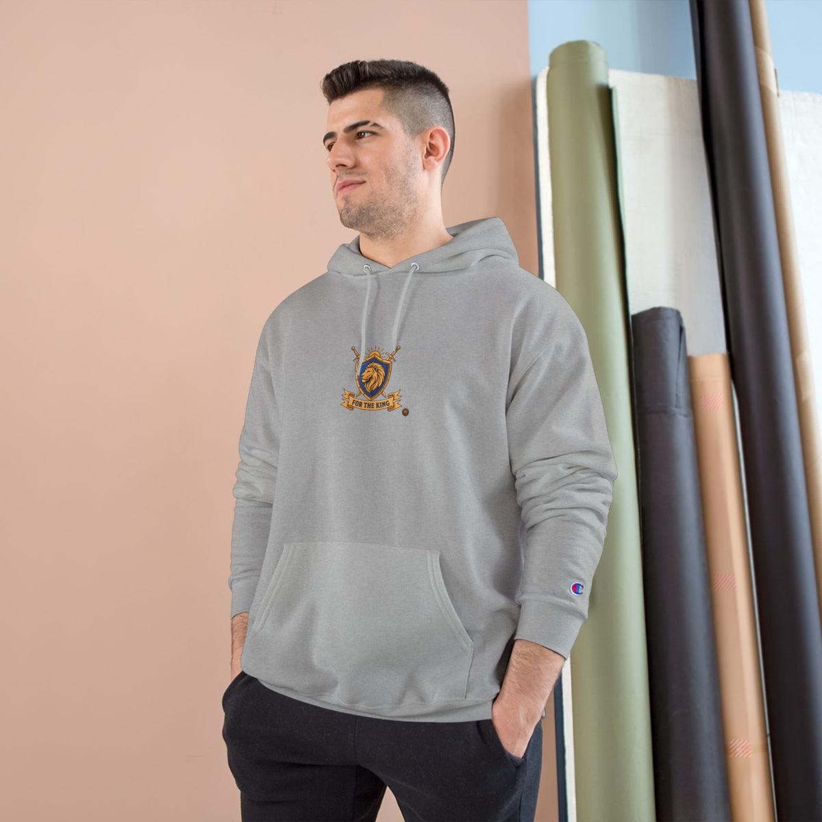 Champion Hoodie — Small Gold Crest Logo Athletic Pullover